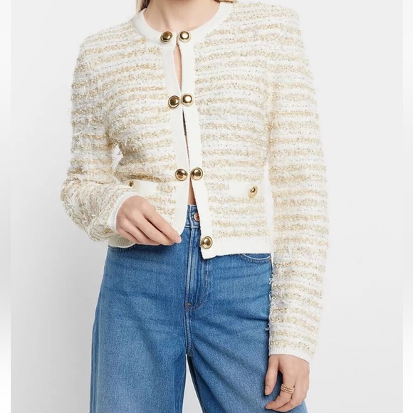 Express white and gold metallic button front sweater - Picture 2 of 6